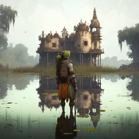 an_Indian_spying_on_a_castle_in_a_swamp_72c9ef7a-9d66-45a3-97fd-43a54ad888fc