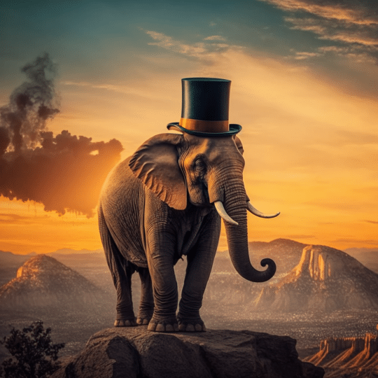 an_elephant_on_a_mountain_wearing_a_top_hat_during_sunset_7e077ba7-1552-48a3-a65b-623d74118856